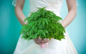 A cannabis wedding where the bride proudly holds a bouquet of marijuana leaves._SCALED