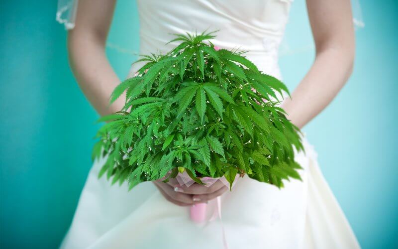 A cannabis wedding where the bride proudly holds a bouquet of marijuana leaves.