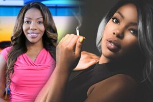 Charlo Greene immersed in the cannabis culture, leisurely smoking a cigarette._SCALED