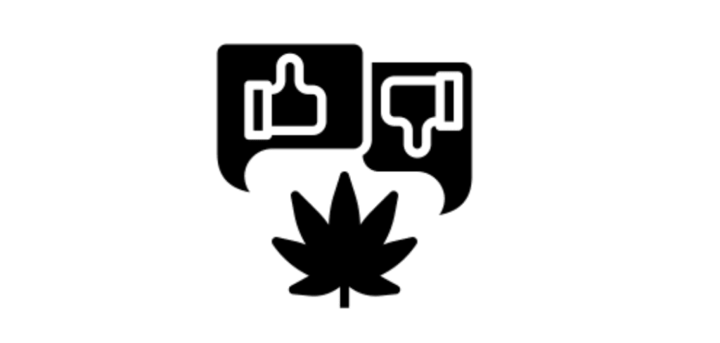 A graphic with a two speech bubbles, a thumbs-up and thumbs-down symbol, positioned above a cannabis leaf.