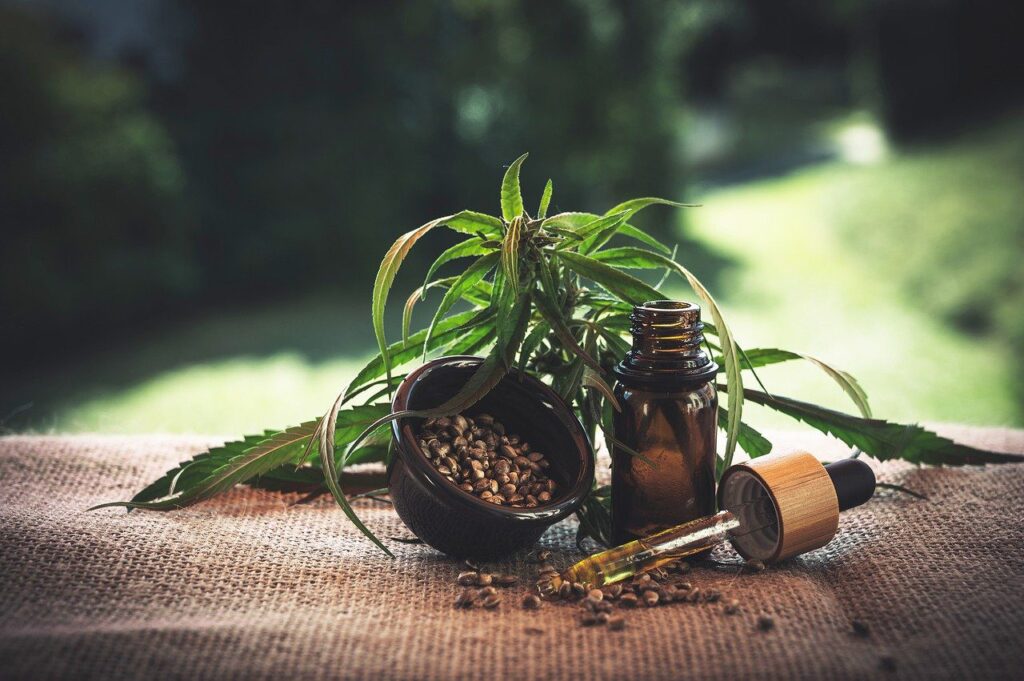 Features a hemp plant, a small bowl filled with hemp seeds, a dropper bottle which likely contains CBD oil, and a dropper applicator lying next to it.