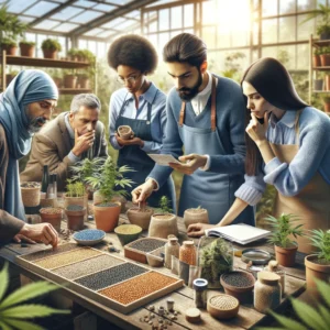 A group of people in a greenhouse looking at potted plants.