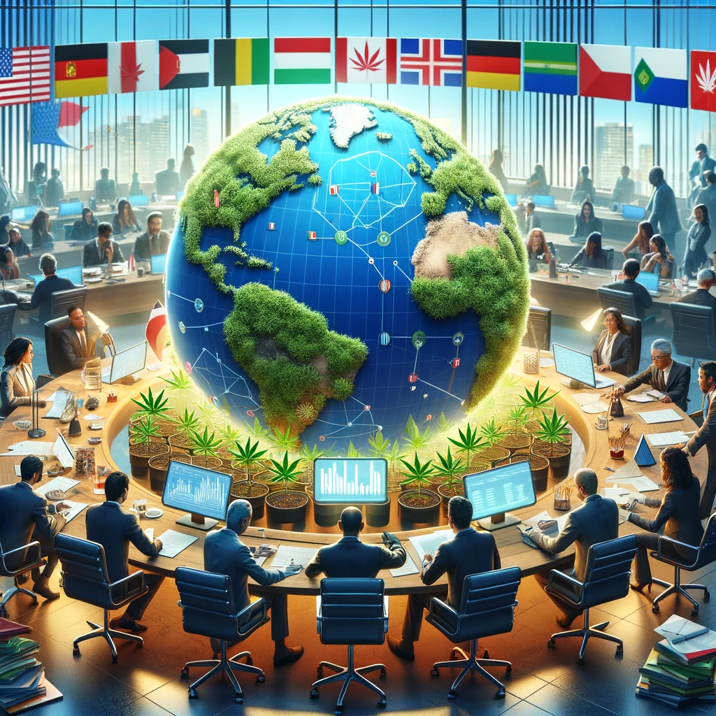 A group of people sitting around a globe in a conference room.