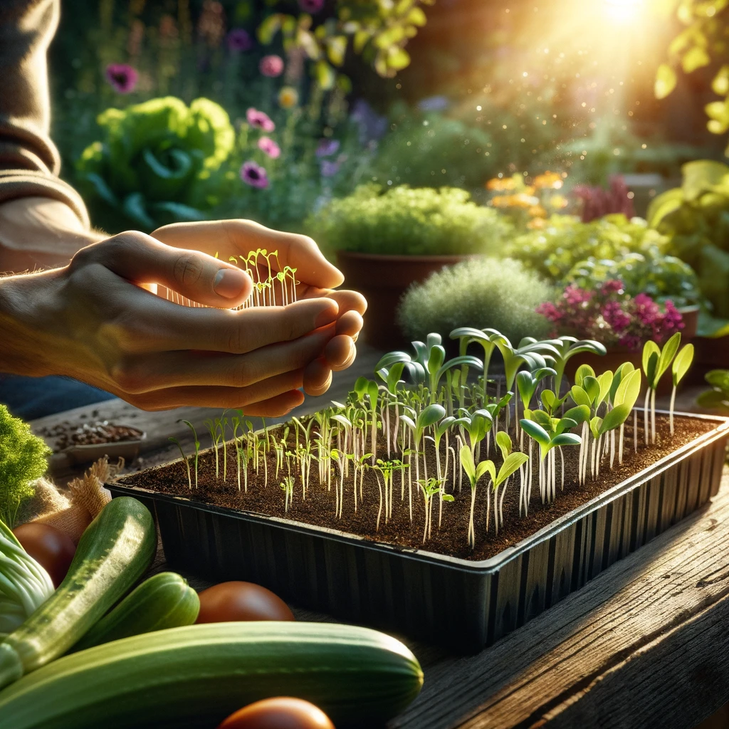 A woman is holding sprouts in a tray of vegetables.