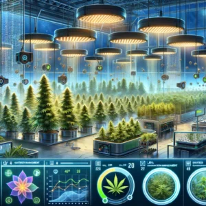 An image of a cannabis factory with plants and lights.