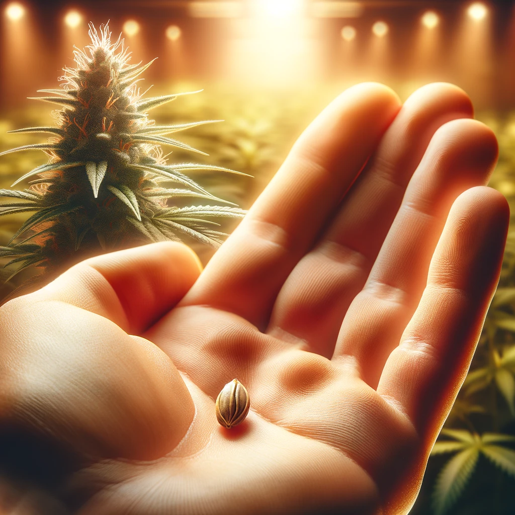A person's hand holding a cannabis seed in front of a plant.