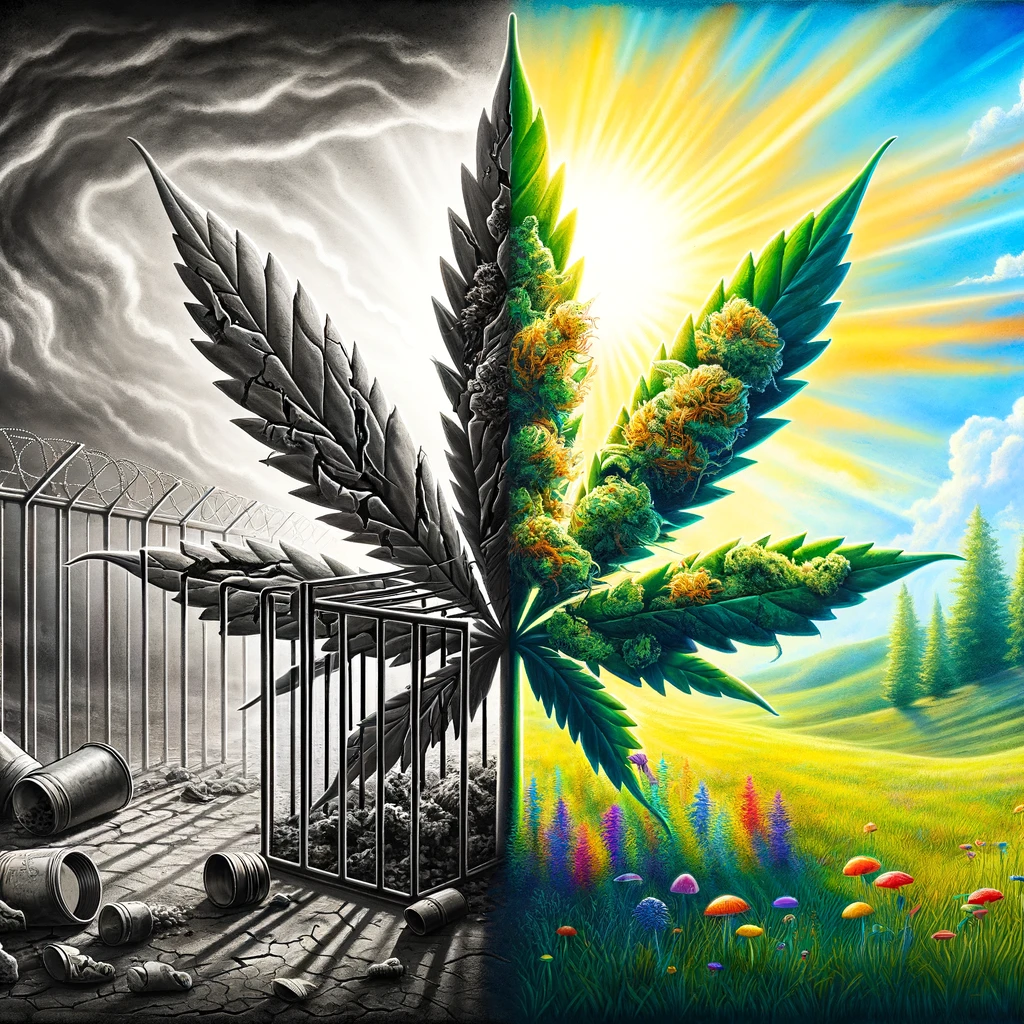 A painting of a marijuana leaf and a cage.