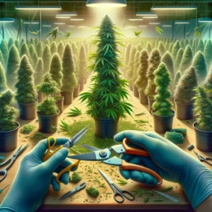 A man is cutting up marijuana plants in a lab.