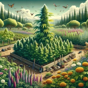 A painting of a marijuana field with flowers and butterflies.