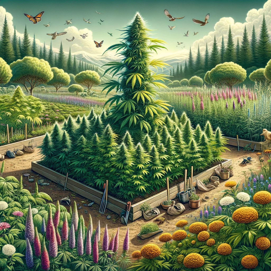 A painting of a marijuana field with flowers and butterflies.