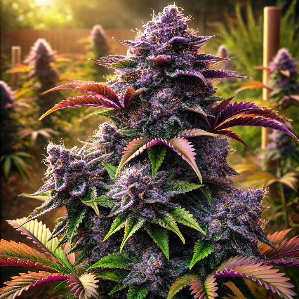 Close-up of a tall cannabis plant with dense, purple-tinged buds and vibrant green and purple leaves, grown from Alaskan Purple Feminized Seeds. Flourishing outdoors in warm sunlight, this strain showcases its striking colors beautifully.