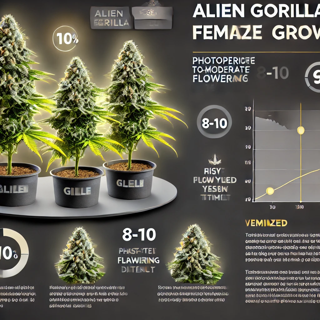 Graphic illustrating three cannabis plants labeled "Alien Gorilla Glue Feminized Seeds," featuring information on growth phases, temperature requirements, and flowering periods. Contains graphs and descriptions regarding plant care and characteristics for these feminized seeds.