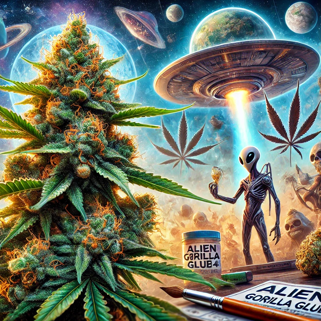 An alien grips a crystal beside an enormous cannabis plant illuminated by a UFO beam, set against a backdrop of planets and cannabis leaves. Surrounding the scene are items labeled "Alien Gorilla Glue Feminized Seeds," subtly suggesting the extraordinary nature of these feminized seeds.