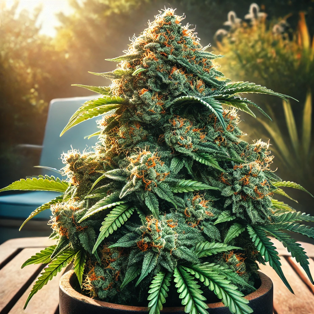 Close-up of an Amnesia Fast Version cannabis plant with dense buds and green leaves in a pot, placed on an outdoor table with blurred foliage and a chair in the background.