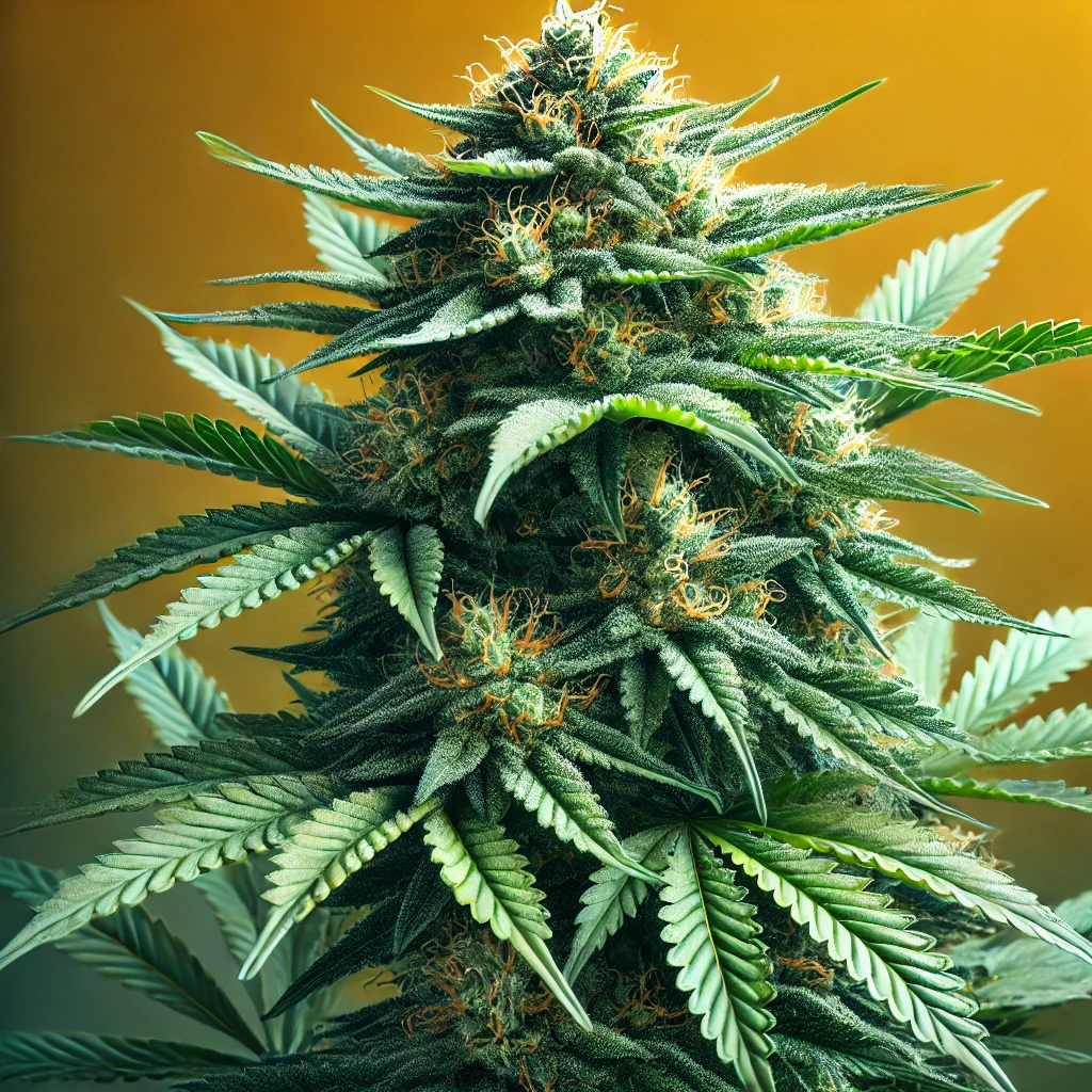 Close-up of a mature cannabis plant with dense, resinous buds and vibrant green leaves against a yellow background, showcasing the impressive genetics of Amnesia Fast Version Seeds.