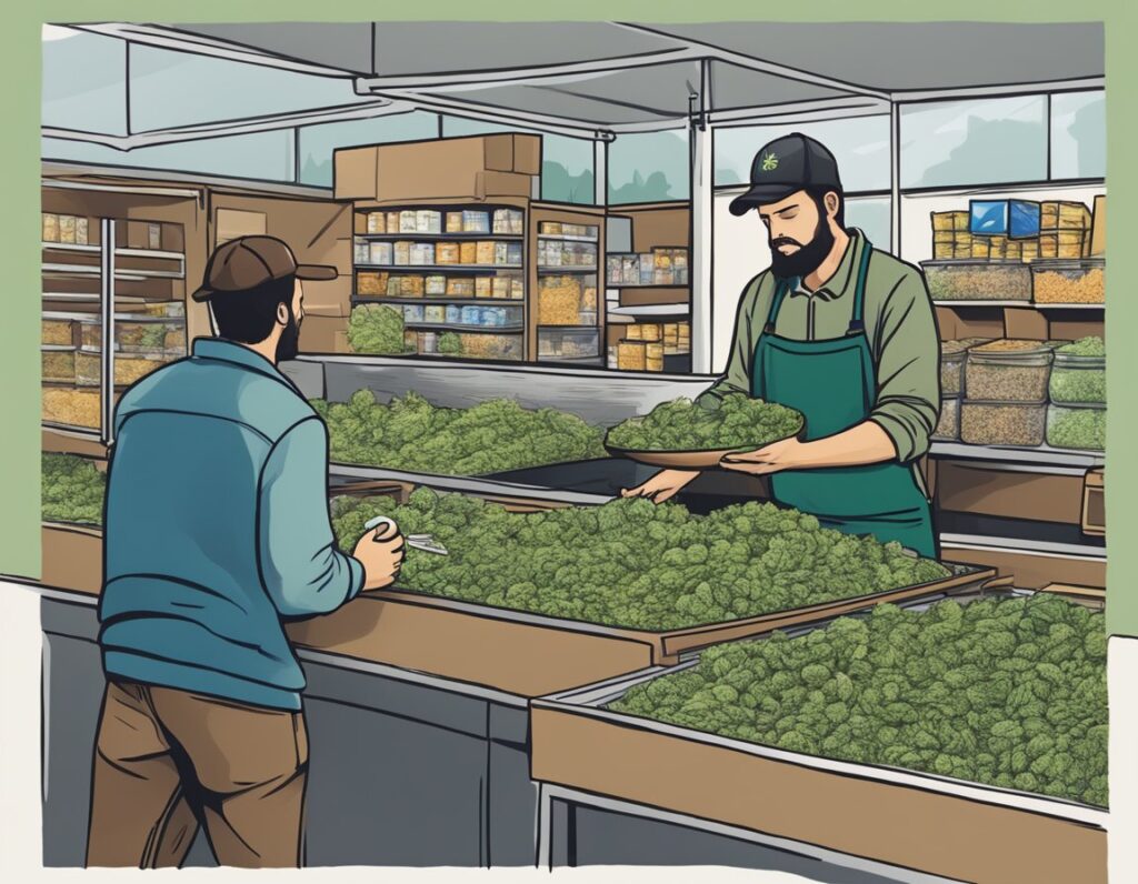 An illustration of two men in a grocery store, browsing the shelves for cannabis seeds.