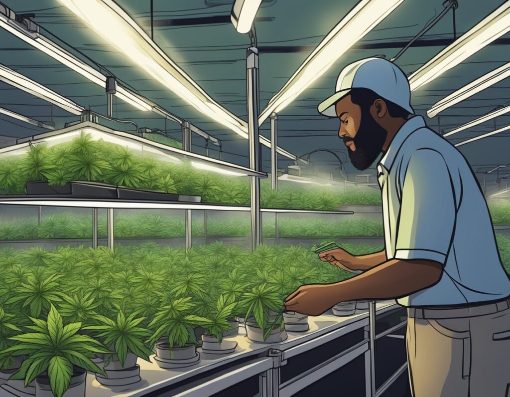 An illustration of a man in a cannabis factory, surrounded by marijuana plants in Tennessee.