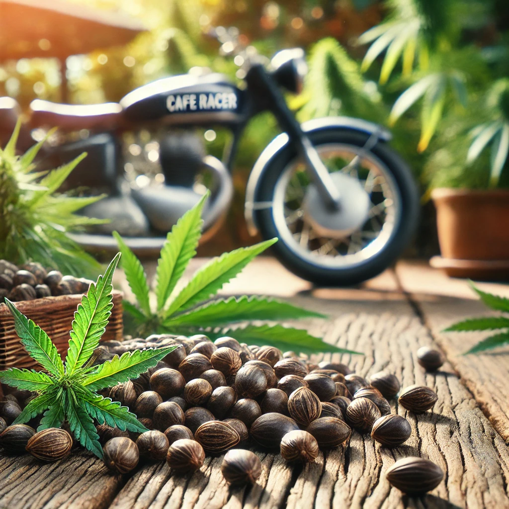 A wooden surface with a pile of CBD Cafe Racer Seeds (-0.2% THC) and leaves in the foreground, a motorcycle labeled "Cafe Racer" in the background, and potted plants around.