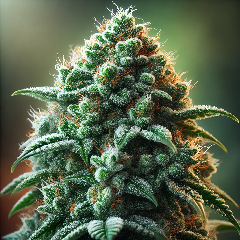 A close-up of a mature, trichome-covered cannabis bud from CBD Cafe Racer Seeds (-0,2% THC), showcasing vibrant orange pistils and rich green leaves on a blurred background.