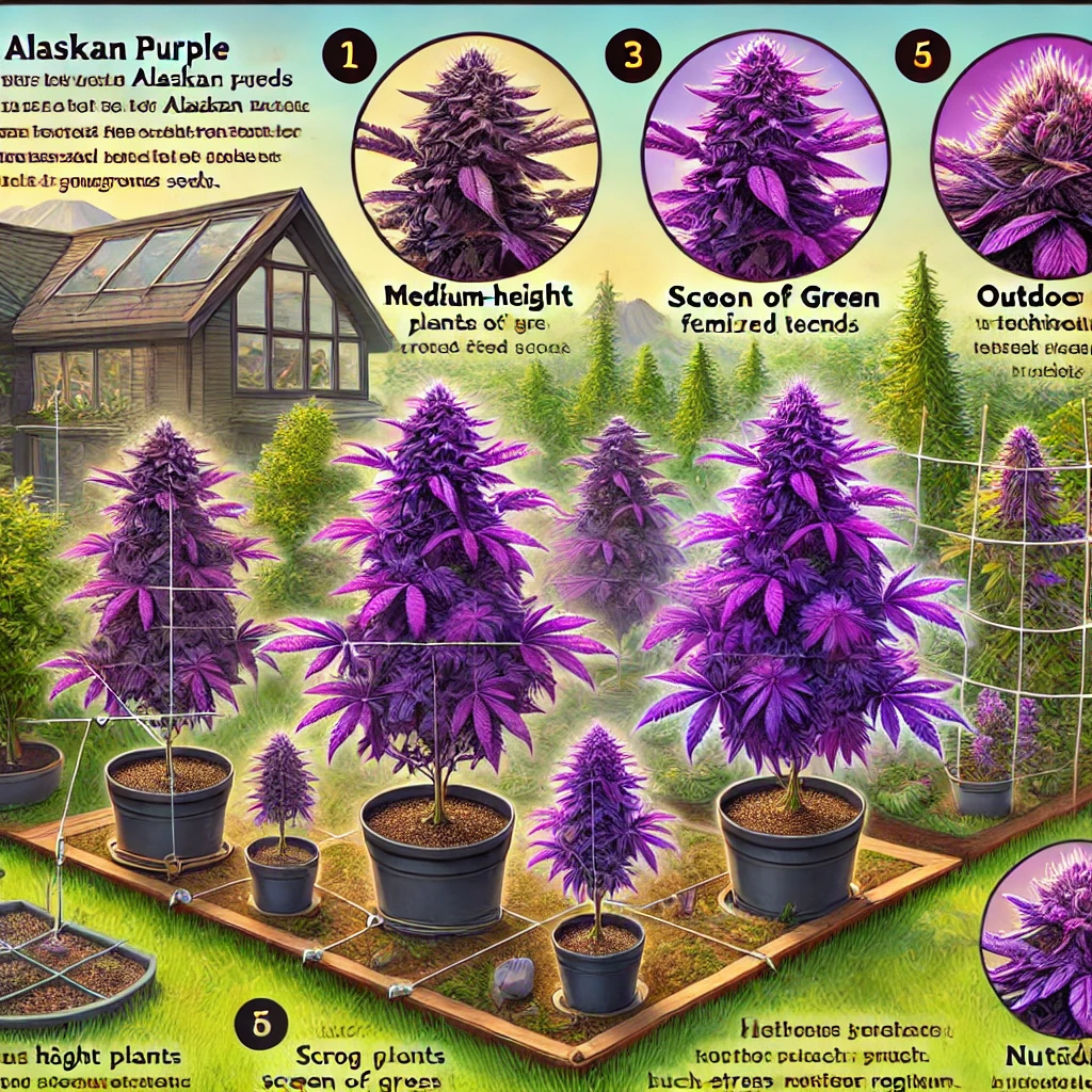 Illustration of Alaskan Purple Feminized Seeds cannabis plants at various growth stages, displayed in pots and an outdoor garden. Includes labels on growth height, plant type, and cultivation notes to ensure optimal yields and consistent quality.