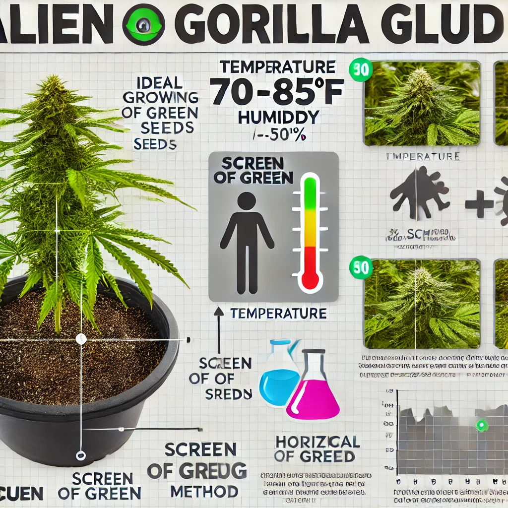 Infographic on cultivating "Alien Gorilla Glue Feminized Seeds." Features temperature and humidity guidelines with a detailed illustration of a plant in a pot, accompanied by various diagrams and icons related to feminized seed cultivation techniques.