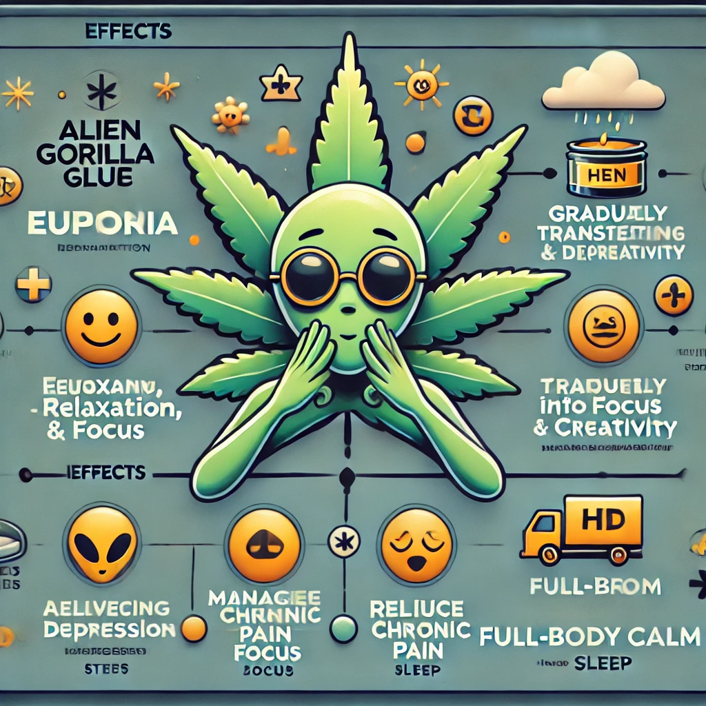 A stylized graphic features a trendy cartoon cannabis leaf character wearing sunglasses, accompanied by emojis and text emphasizing effects such as relaxation, focus, and calm. The background creatively alludes to Alien Gorilla Glue Feminized Seeds, encapsulating their playful and fun aura.