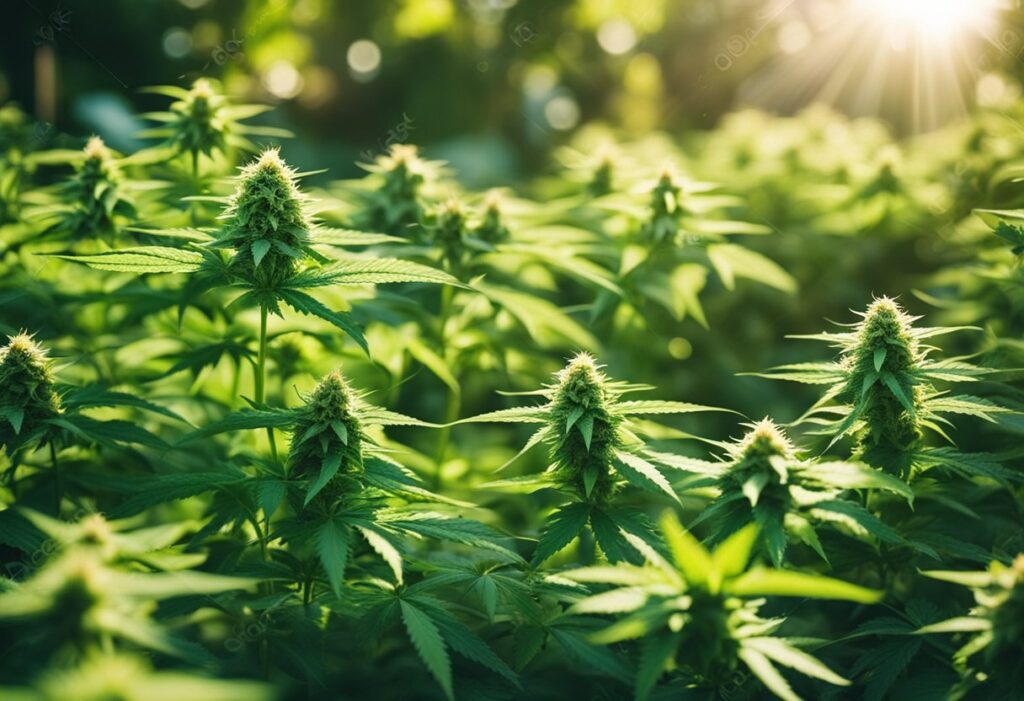 A field of cannabis plants grown from French Cookies Feminized Seeds, showcasing dense green foliage and flowering tops, flourishing under the sunlight.