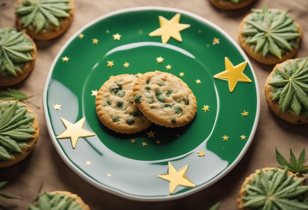 A plate decorated with gold stars holds two chocolate chip cookies. Surrounding the plate are several round French Cookies Feminized Seeds, adorned with delicate green leaf decorations.