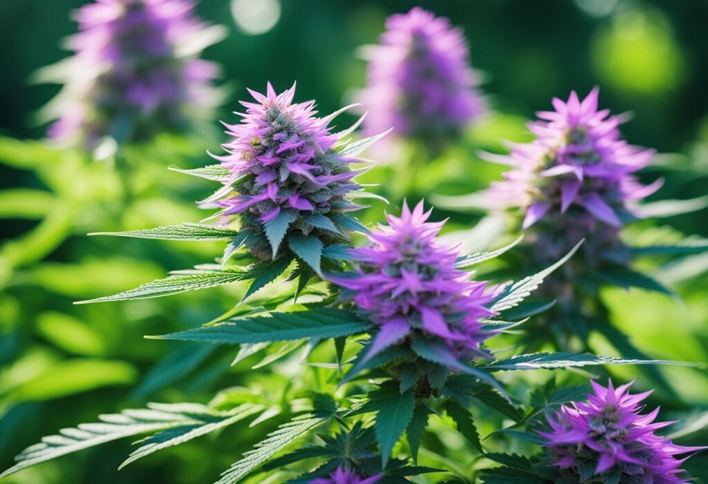 Close-up of vibrant purple-tipped cannabis flowers amidst lush green foliage, with sunlight enhancing their colors. These stunning blooms originate from French Cookies Feminized Seeds.