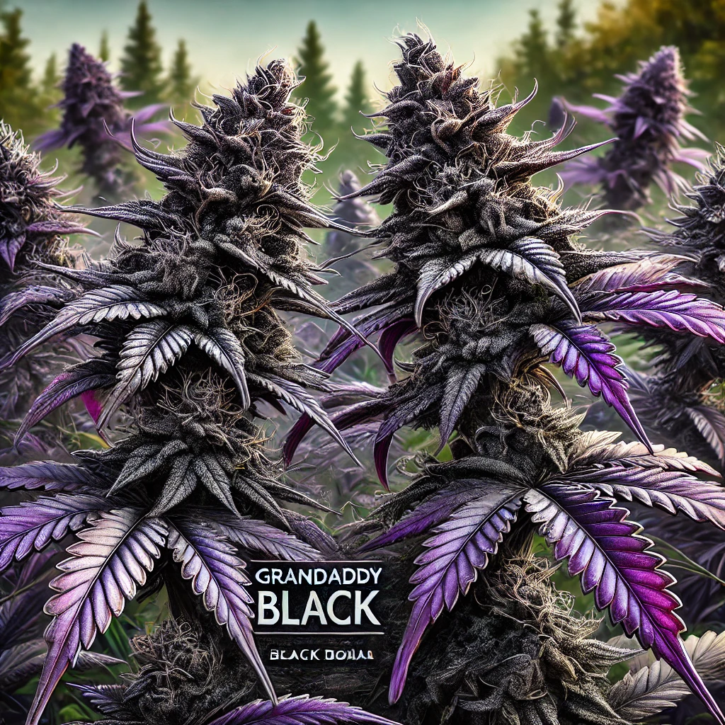 Grandaddy Black strain, featuring the dark, lush leaves and deep purple buds