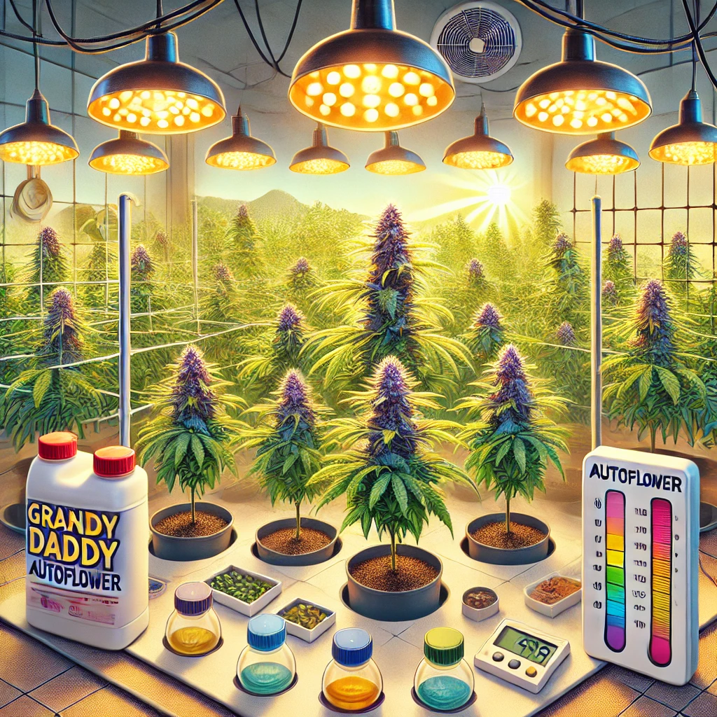 A greenhouse with cannabis plants under grow lights, featuring labeled cannabis nutrients, color-coded bottles, a digital scale, a pH tester, and temperature/humidity monitors displays Grandaddy Purple Autoflower Seeds in optimal conditions.