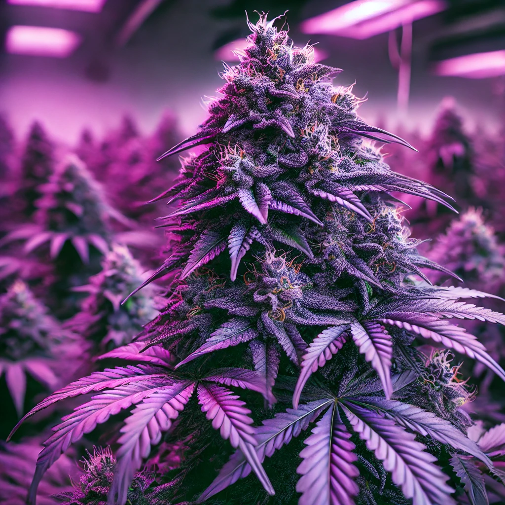 A close-up of a Grandaddy Purple Autoflower Seeds cannabis plant, showcasing its dense buds and vibrant purple leaves, all illuminated by pink grow lights in an indoor cultivation space.