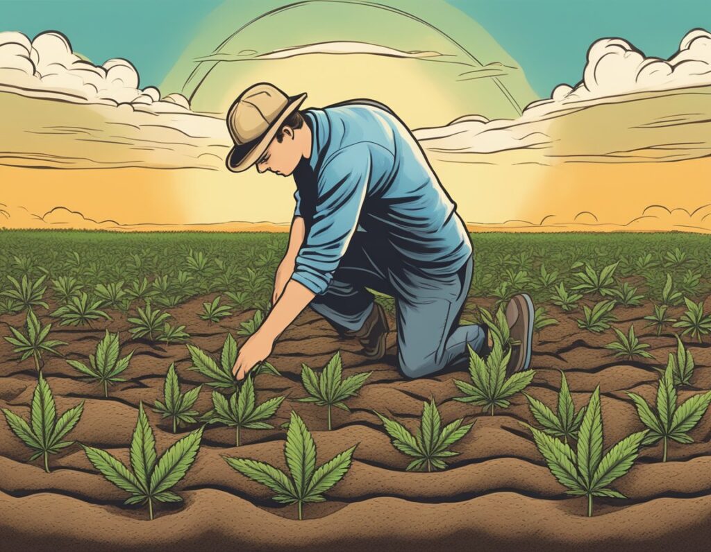 A man in Saskatchewan is planting marijuana seeds in a field.