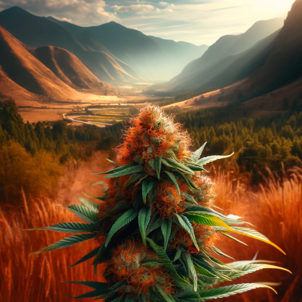 A vibrant Mexican Red Hair Autoflower cannabis plant in full bloom stands out in the foreground against a backdrop of a scenic mountain valley at sunset.