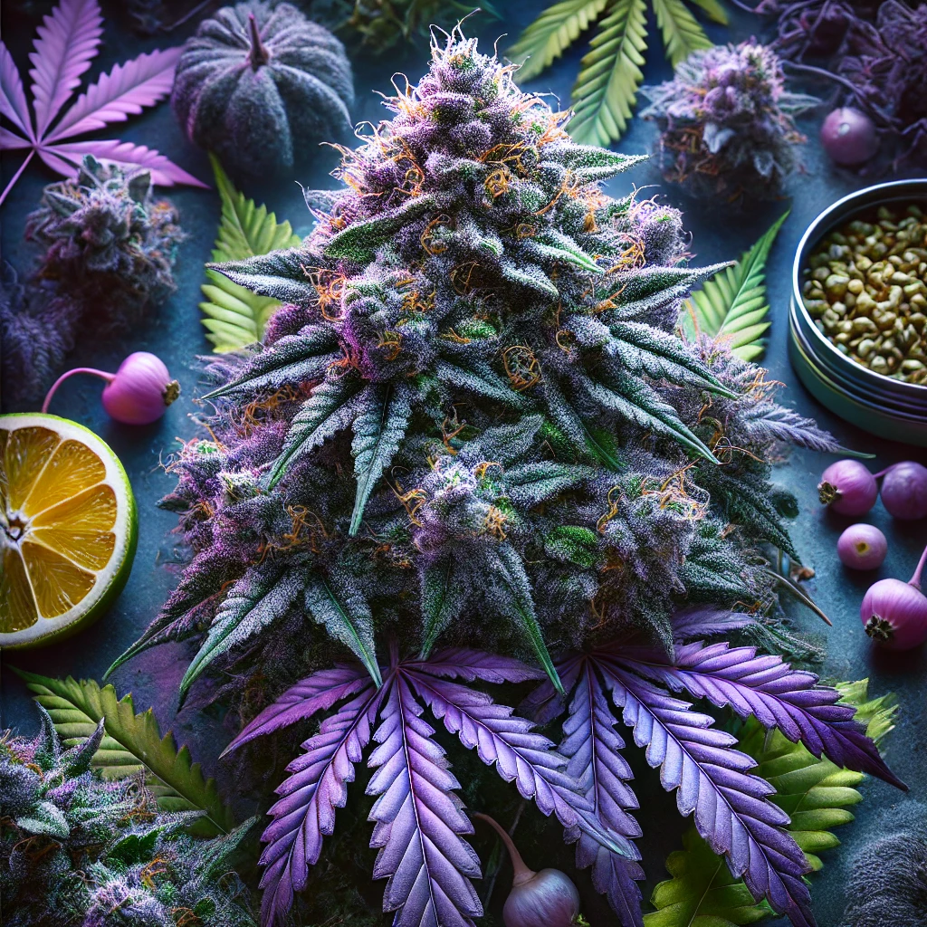 A close-up of Alaskan Purple Feminized Seeds' cannabis buds surrounded by leaves, a lemon slice, small onions, and other plant matter on a blue surface.