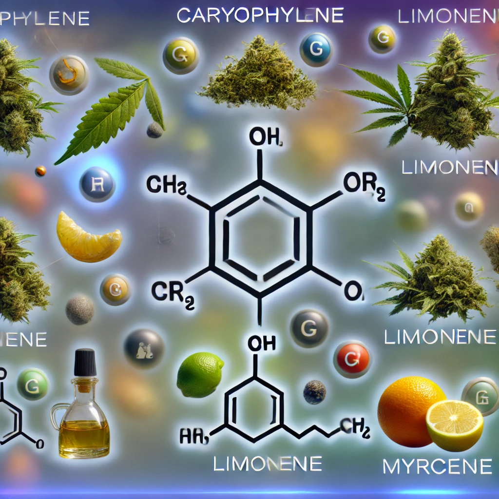 A detailed diagram features cannabis compounds such as caryophyllene, limonene, and myrcene, enhanced with images of cannabis leaves, citrus fruits, and molecular structures. A spotlight on Alien Gorilla Glue Feminized Seeds adds an intriguing dimension to the visual exploration.