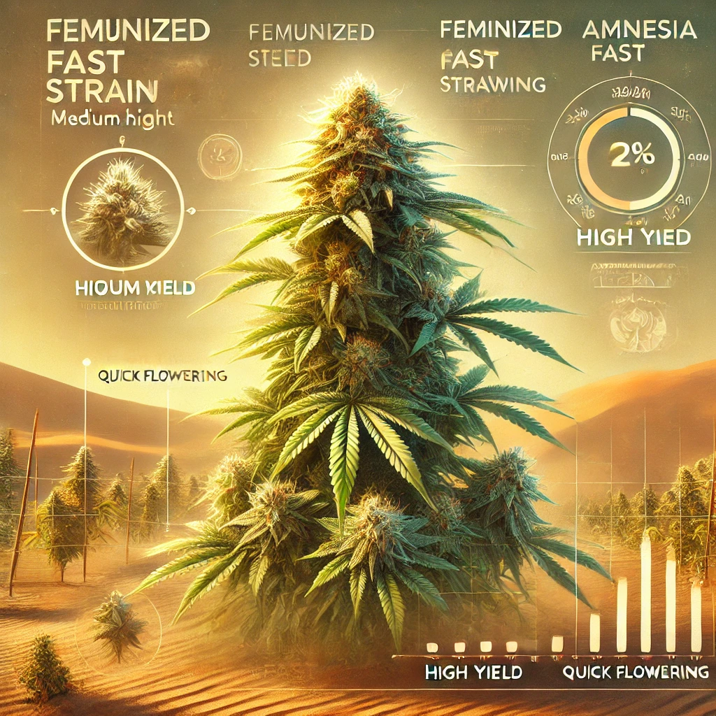 A visually captivating infographic of Amnesia Fast Version Seeds showcases detailed information on flowering time, yield, and growth characteristics, all set against a warm-toned outdoor field backdrop.