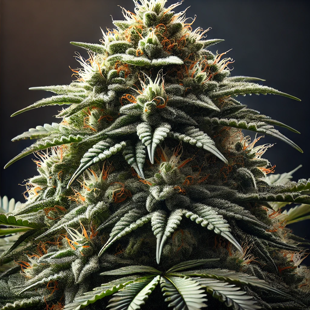 Close-up of a mature cannabis plant with dense clusters of calyxes, covered in white trichomes and orange pistils, set against a dark background. This specimen, grown from CBD Cafe Racer Seeds (-0.2% THC), offers the benefits of CBD with minimal THC content for a non-psychoactive experience.