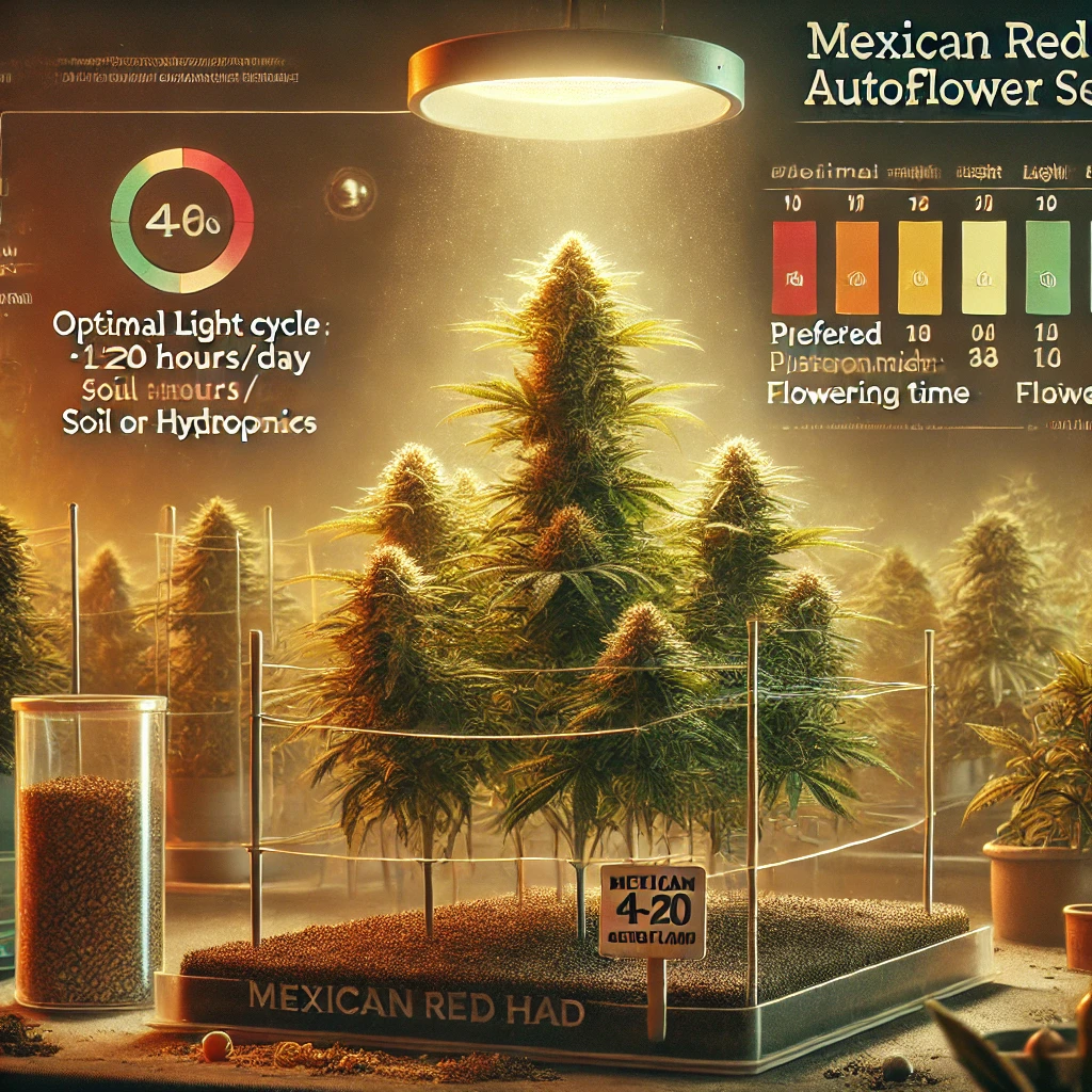 Indoor growing setup with Mexican Red Hair Autoflower Seeds, showcasing plants thriving under grow lights. Details include an optimal light cycle of 18-20 hours/day, with soil or hydroponic options for cultivation.