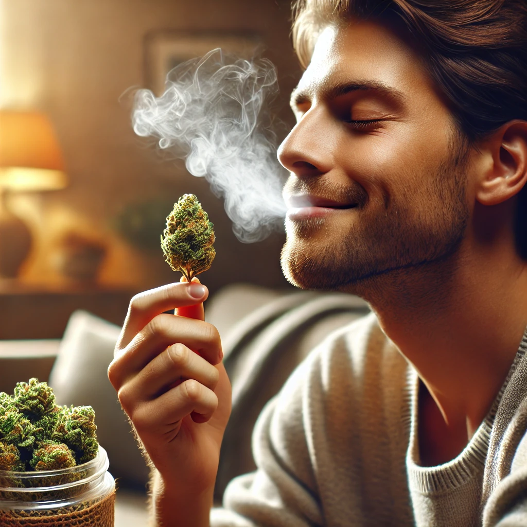 A man with closed eyes and a smile inhales the scent of an Amnesia Fast Version Seeds cannabis bud indoors, with a jar of cannabis and seeds in the foreground.