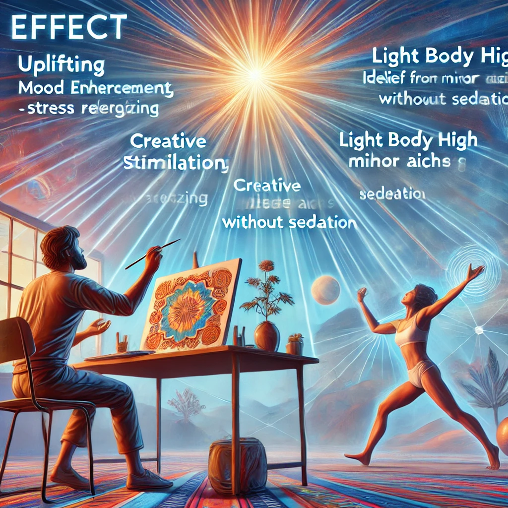 A person painting at a table with rays emanating from a bright light above, while another person dances energetically. The surrounding text highlights 'Mexican Red Hair Autoflower Seeds', 'creative stimulation', and 'light body high'.