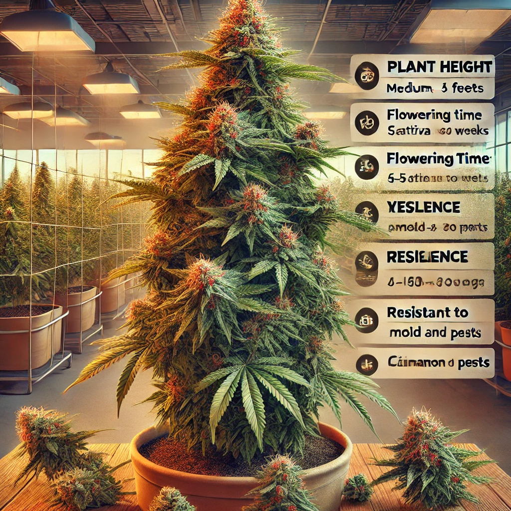 A large cannabis plant thrives in a greenhouse. Text overlaid on the image highlights details such as the plant's impressive height, quick flowering time, strong pest resistance, and remarkable resilience. Showcasing Mexican Red Hair Autoflower Seeds, this robust strain ensures exceptional growth and dependable performance.