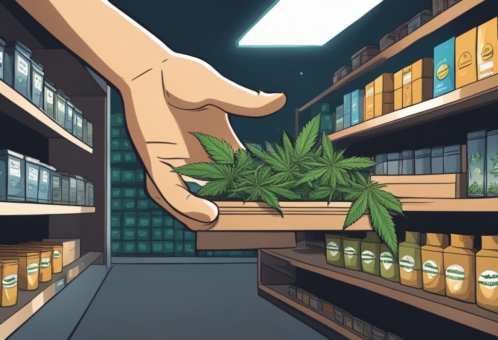 A hand is holding a marijuana plant, also known as cannabis seeds, in a grocery store.