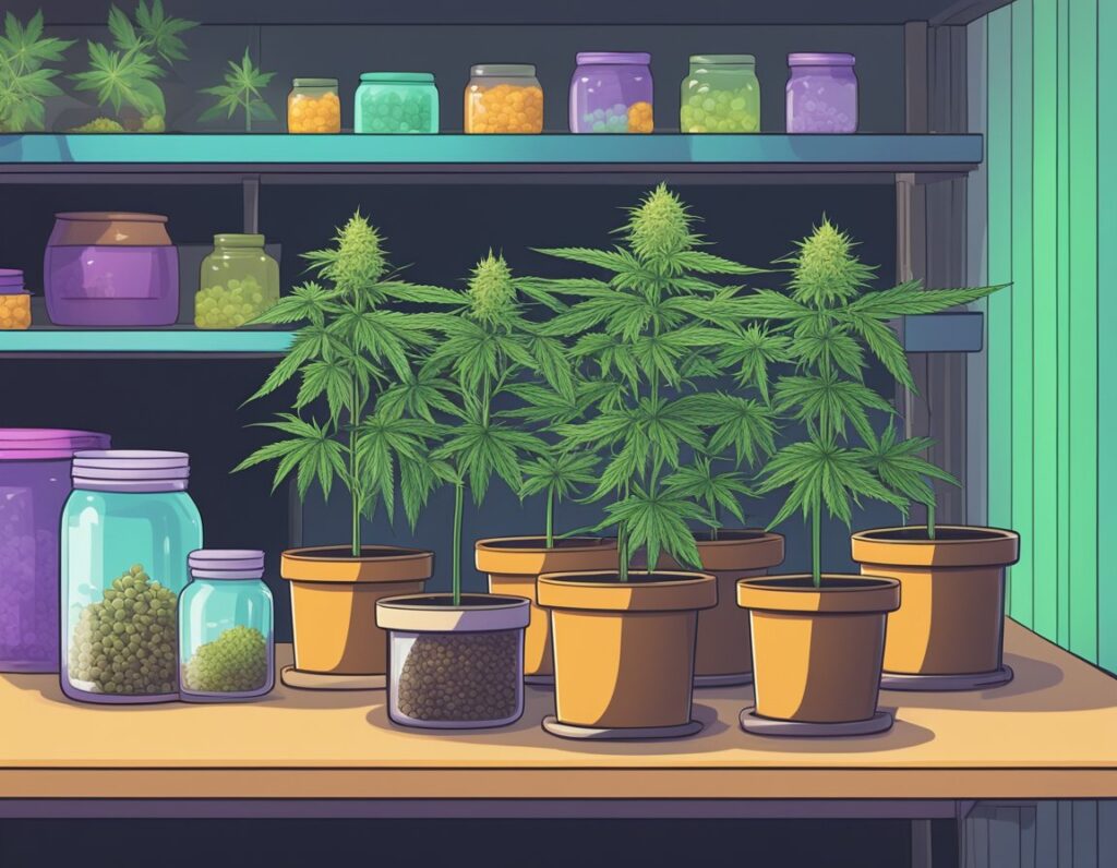 Potted cannabis plants in jars on a shelf.