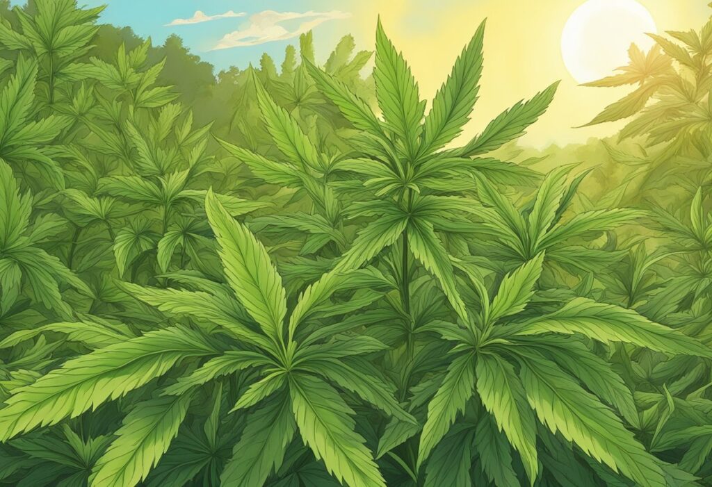 A cartoon illustration of a marijuana plant basking in the sun in Tasmania.