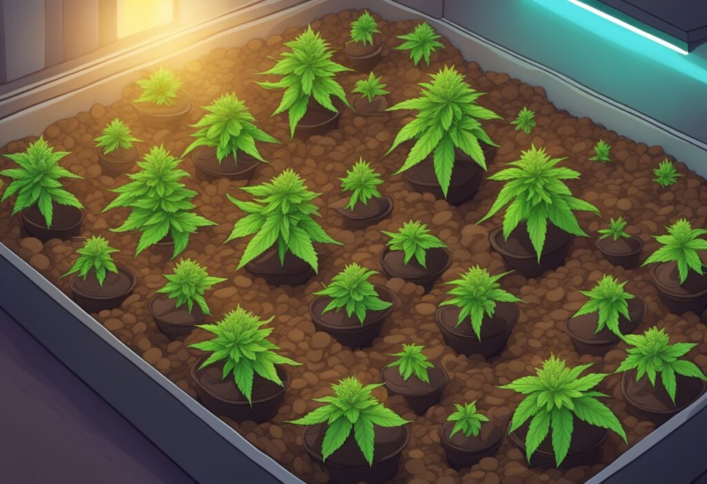 A cartoon illustration of cannabis plants in a greenhouse, grown from marijuana seeds.