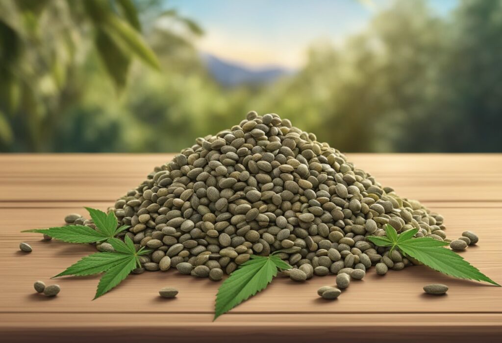 A pile of marijuana leaves and seeds on a wooden table.