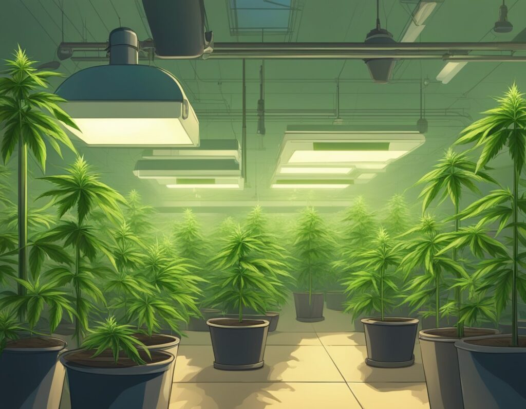 An illustration of a marijuana grow room with potted plants in the Northern Territory.