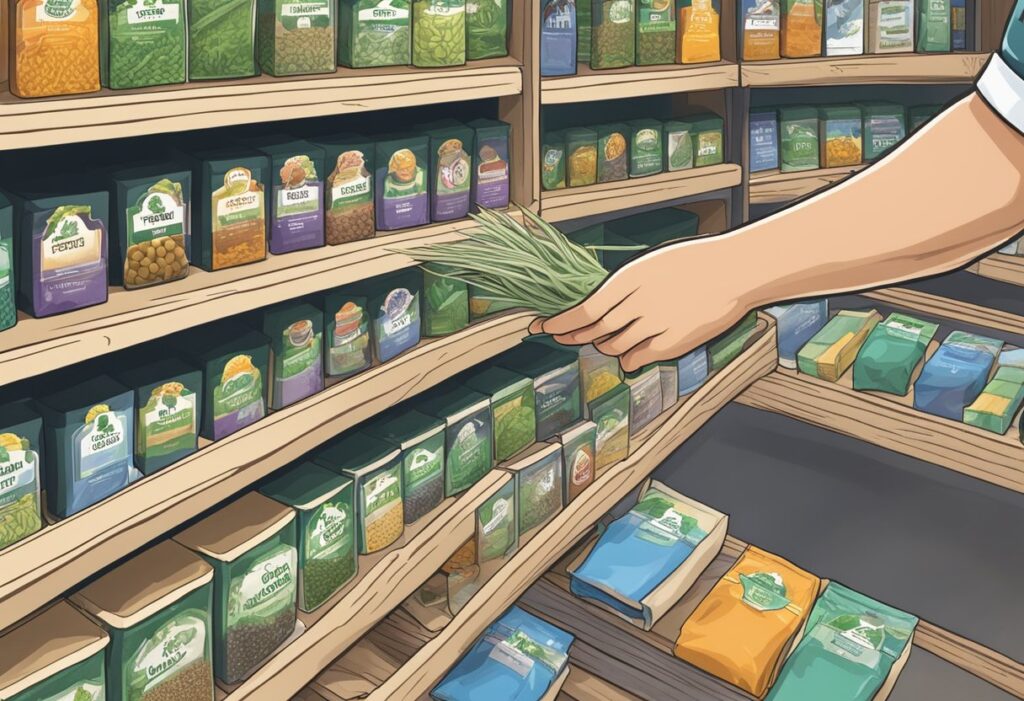 An illustration of a person picking up cannabis seeds in a grocery store.