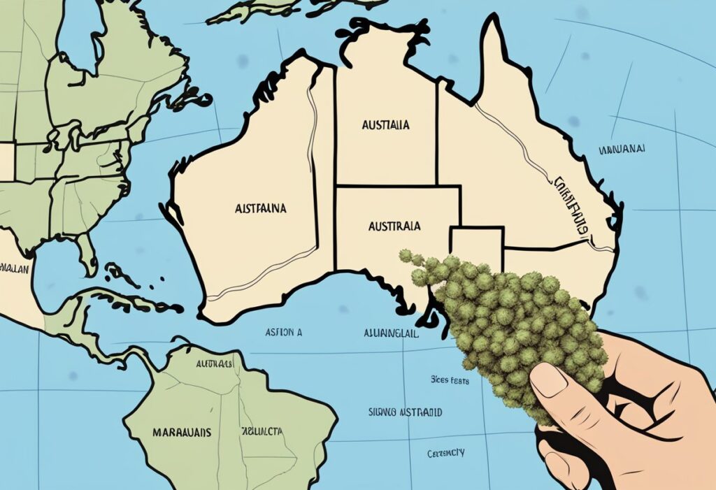 A hand holding a map of Australia with a bunch of cannabis seeds on it.